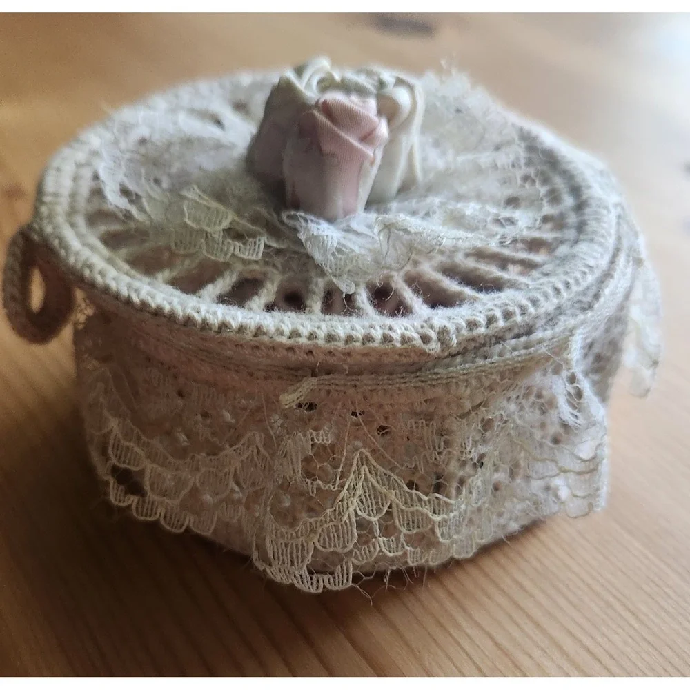 Vintage Lace Trinket Box with Porcelain Rose Lid – Shabby Chic Vanity Decor